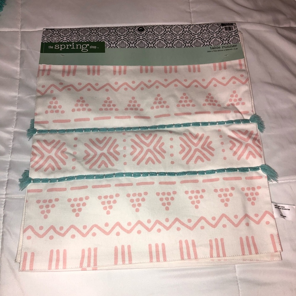 72” 100% cotton table runner in white pink &  blue